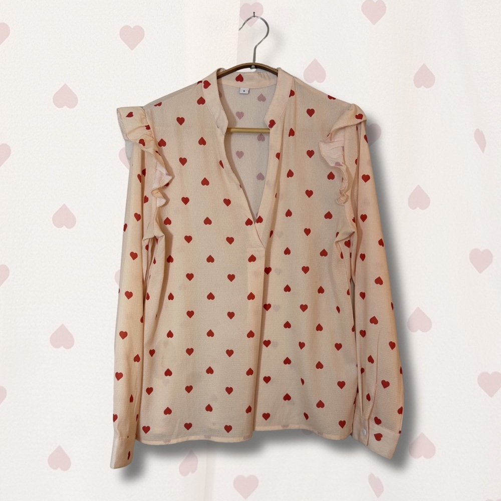 ✨ Romantic Ruffle Heart Print Long Sleeve Blouse - Cream & Red ❤️
